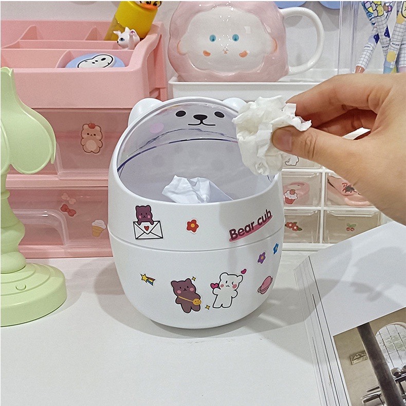 Thùng rác mini nắp gạt kèm sticker để bàn học, bàn làm việc hình gấu mèo đáng yêu