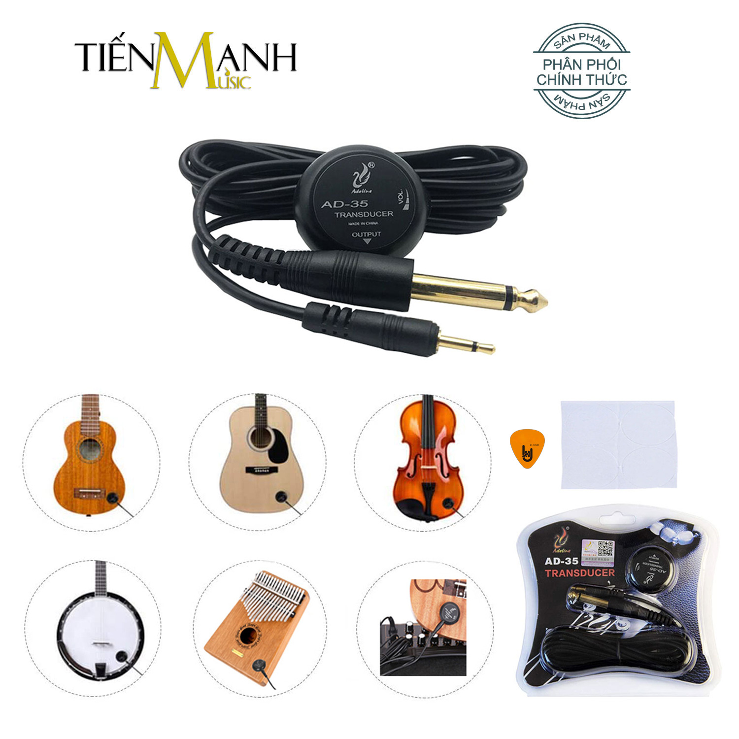 Pickup Nhạc cụ đa dụng Piezo Adeline AD-35 - Bộ thu âm thanh dùng cho Đàn Guitar, Ukulele, Violin, Kalimba Và các loại nhạc cụ khác AD35 - Kèm Móng Gẩy DreamMaker