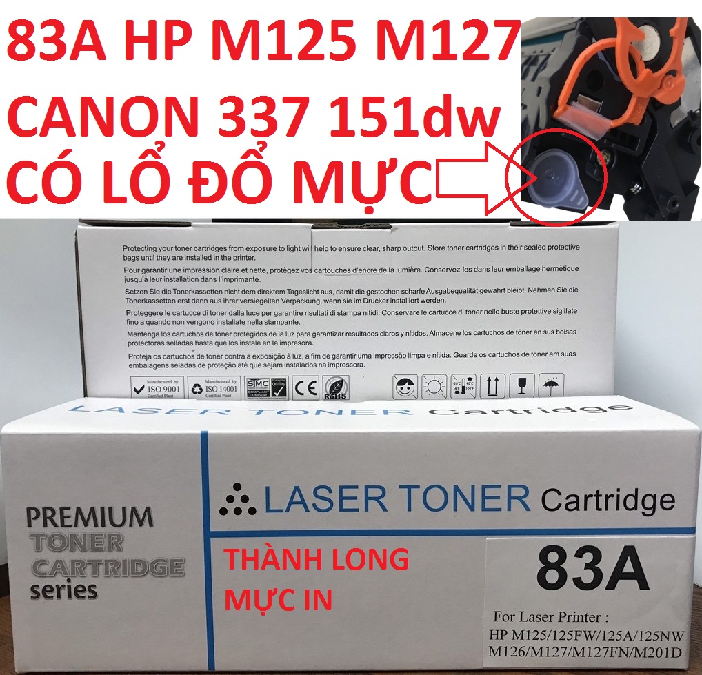 Hộp mực 83A -Có Lỗ Đổ Mực- HP M125/125FW/125A/125nw/M126/ M127/ M127FN/ M201/ M201DW/ M225MFP / Dùng cho Canon 337 151dw MF211 MF212w MF221d MF215 MF217w MF226dn MF229dw MF235/mf237/217W