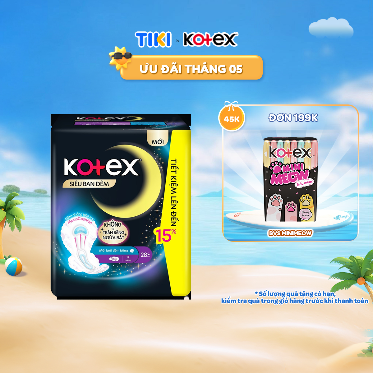 Lốc 4 gói BVS Kotex Siêu Ban Đêm 28cm Mặt lưới Đệm bông chống tràn sau 12 miếng