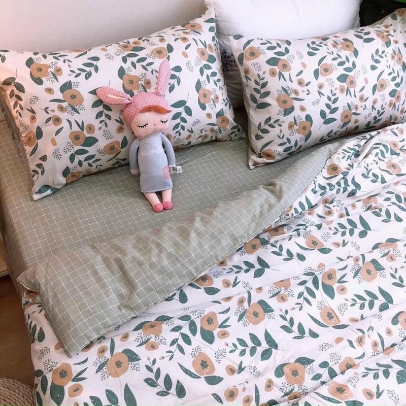 Set Chăn Ga Gối Cotton Living Hàng Nhập khẩu Cao Cấp 4 Món Hoa trắng Vintage