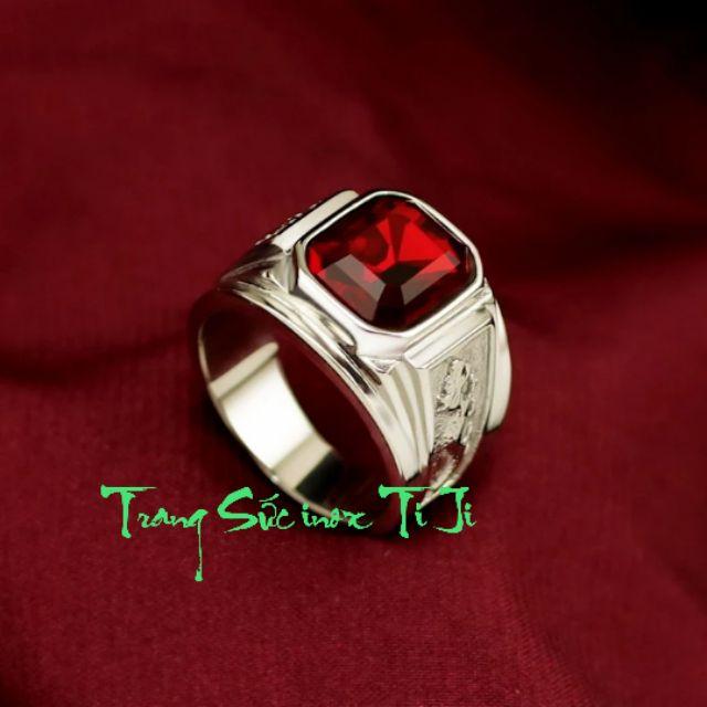Nhẫn nam inox chạm rồng đá đỏ