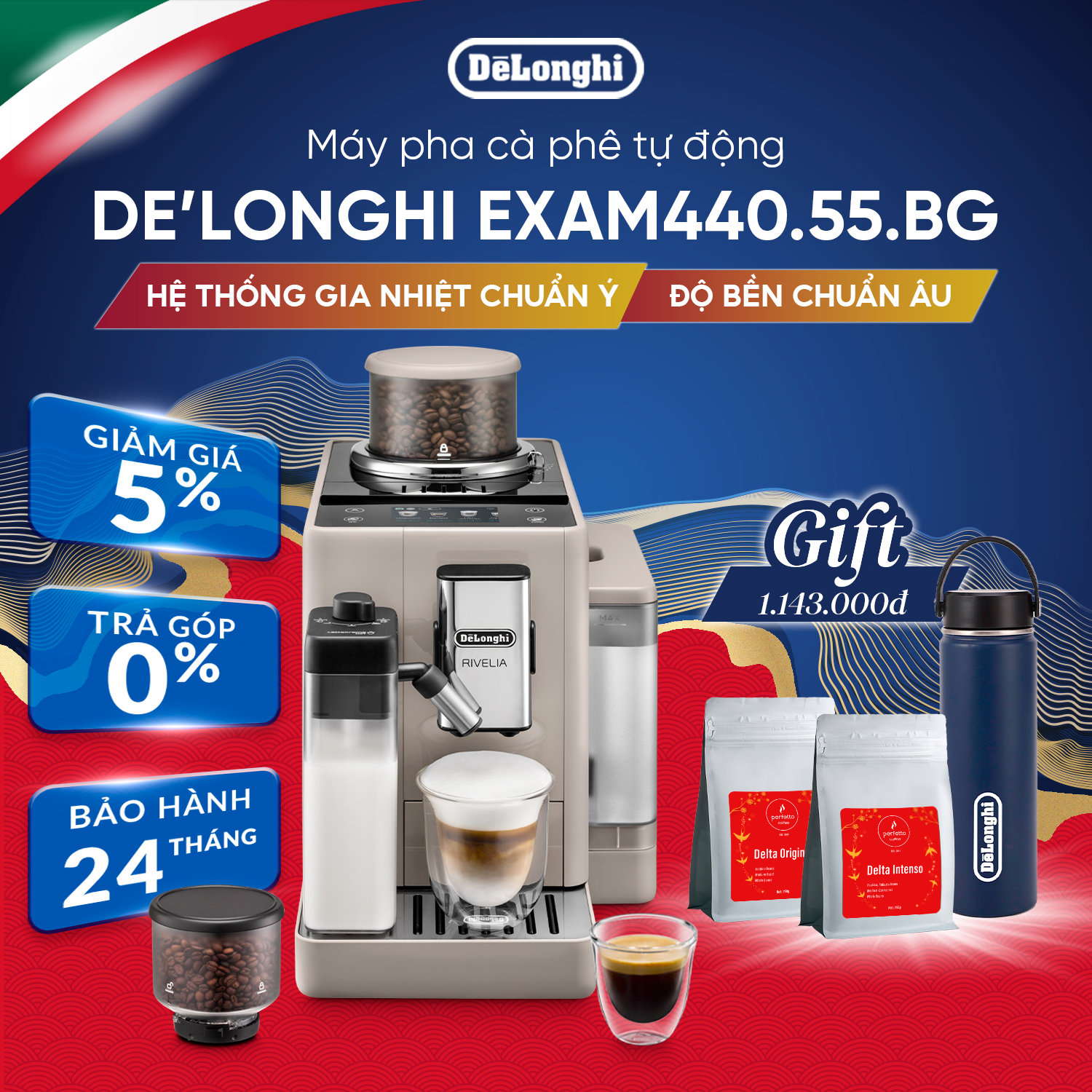 Máy pha cà phê tự động DeLonghi Rivelia EXAM440.55.G – 2 Bình Hạt, Màn Hình Cảm Ứng – Hàng Chính Hãng