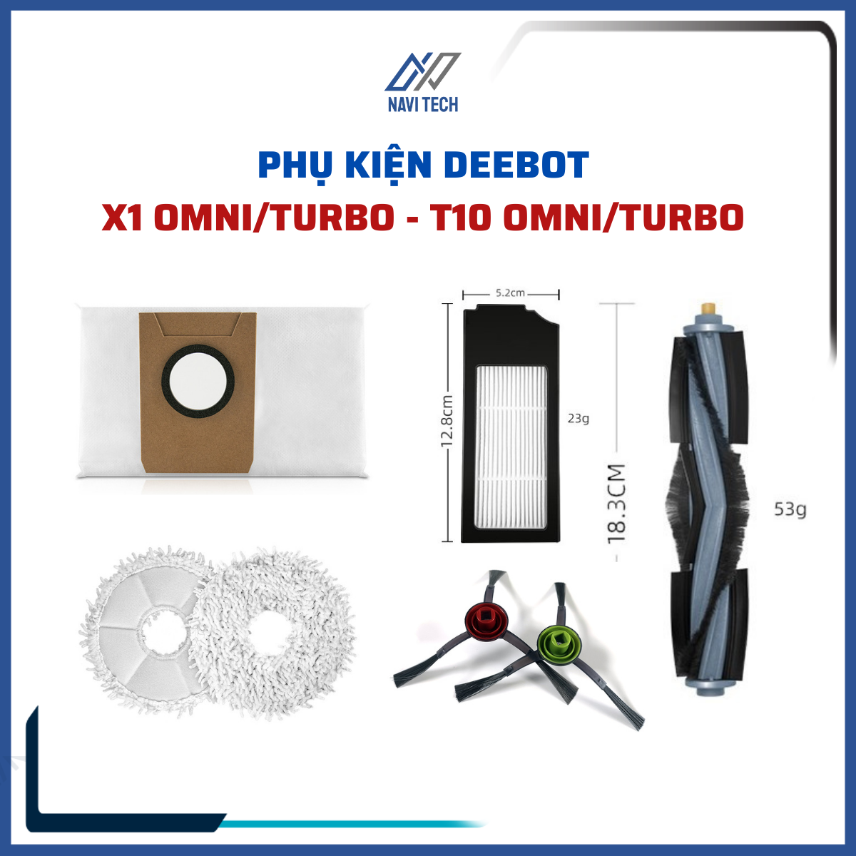 Phụ kiện chổi chính, chổi giữa, khăn lau, chổi cạnh, lọc bụi Robot hút bụi Deebot X1 Omni, X1 Turbo