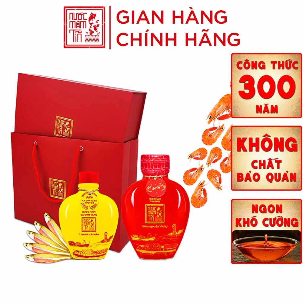 Đặc Sản Phan Thiết - Set 1 Giỏ Quà Đậm Đà Tình Thân Nước Mắm Tôm Biển Bình Gốm Đỏ 60N Và Cá Cơm Vàng Ruột Đỏ Bình Gốm Vàng 60N