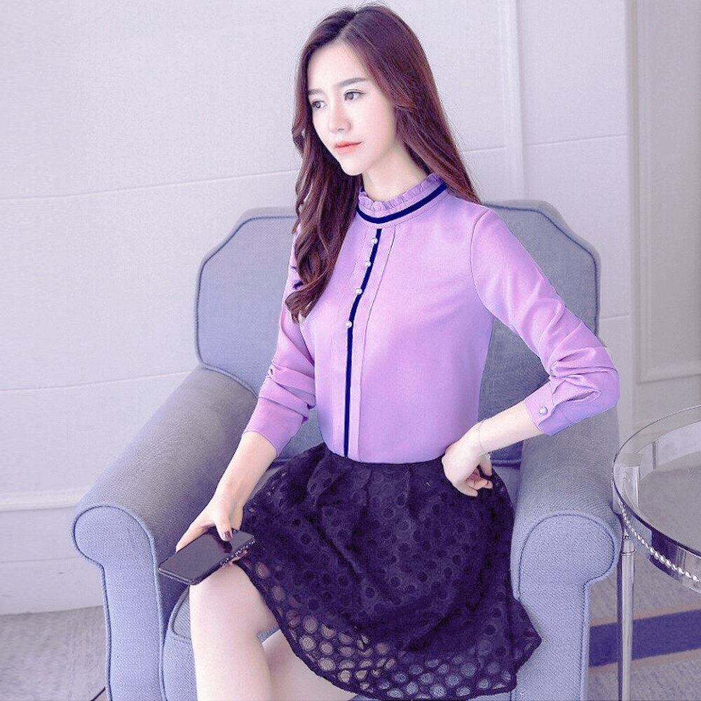 Áo Kiểu Cổ Trụ Màu Tím Phối Viền Đen Tay Dài