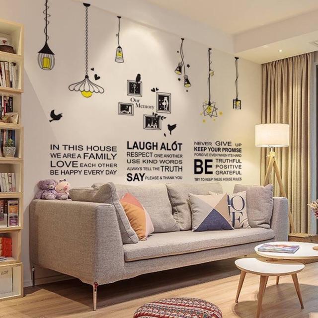 BỘ KẾT HỢP Decal trang trí tường - ĐÈN TREO VINTAGE và CHỮ TIẾNG ANH