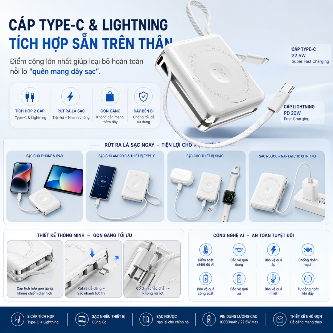 Pin sạc dự phòng sạc không dây từ tính 3in1 MagFusion Trio 10000Mah, kèm dây sạc Type-C + L(iP/iPad) WIWU XF17 cho iPhone iPad Apple watch Airpods - Sạc Magnetic 15W | PD20W | Cáp Type-C + L(iP/iPad) Tích Hợp | LED % Pin - Hàng nhập khẩu
