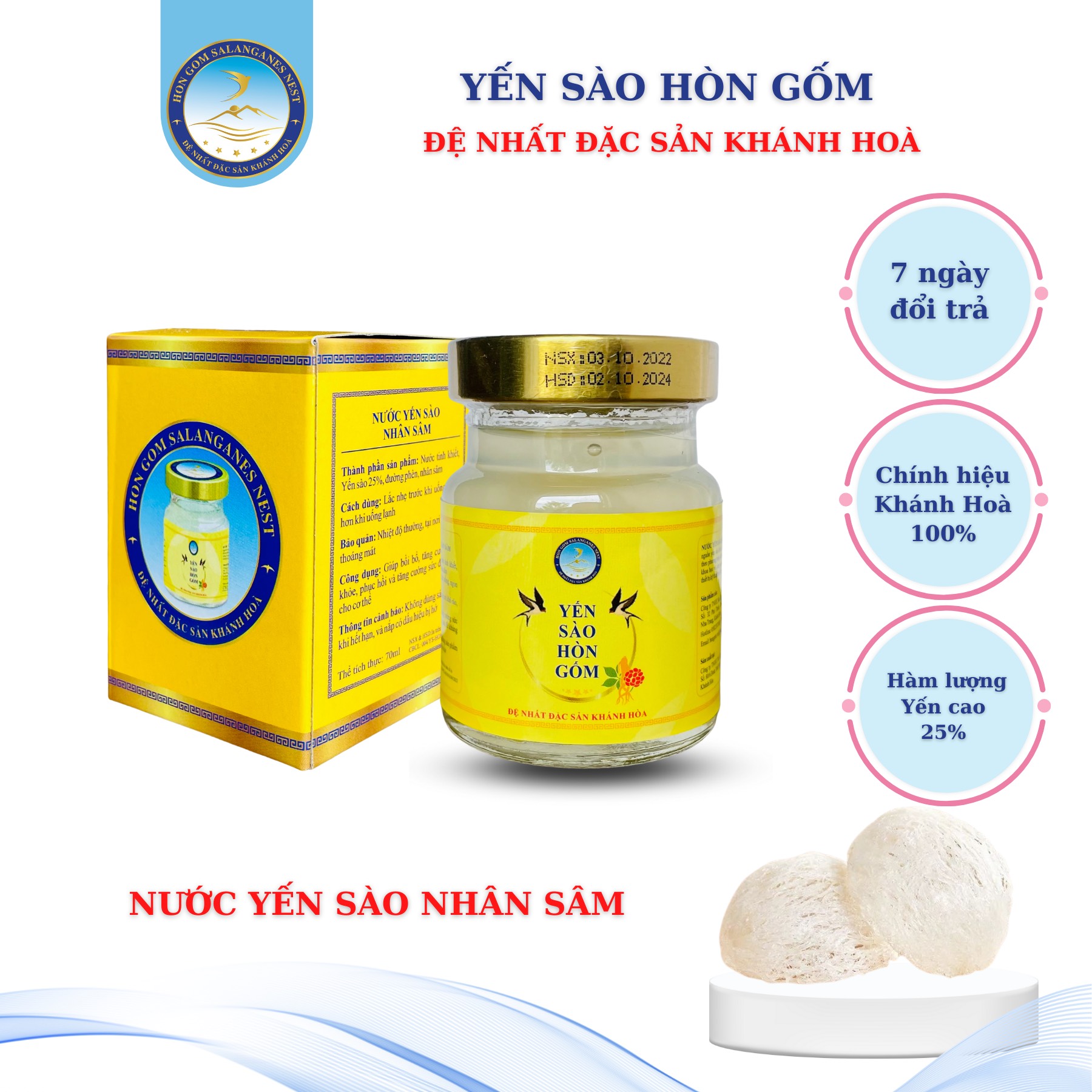 [COMBO 6 LỌ 70 ML] Nước Yến Sào Nhân Sâm - Hộp 6 lọ 70ml - Yến Sào Hòn Gốm Chính Hiệu Khánh Hòa - H G SALANGANES NEST