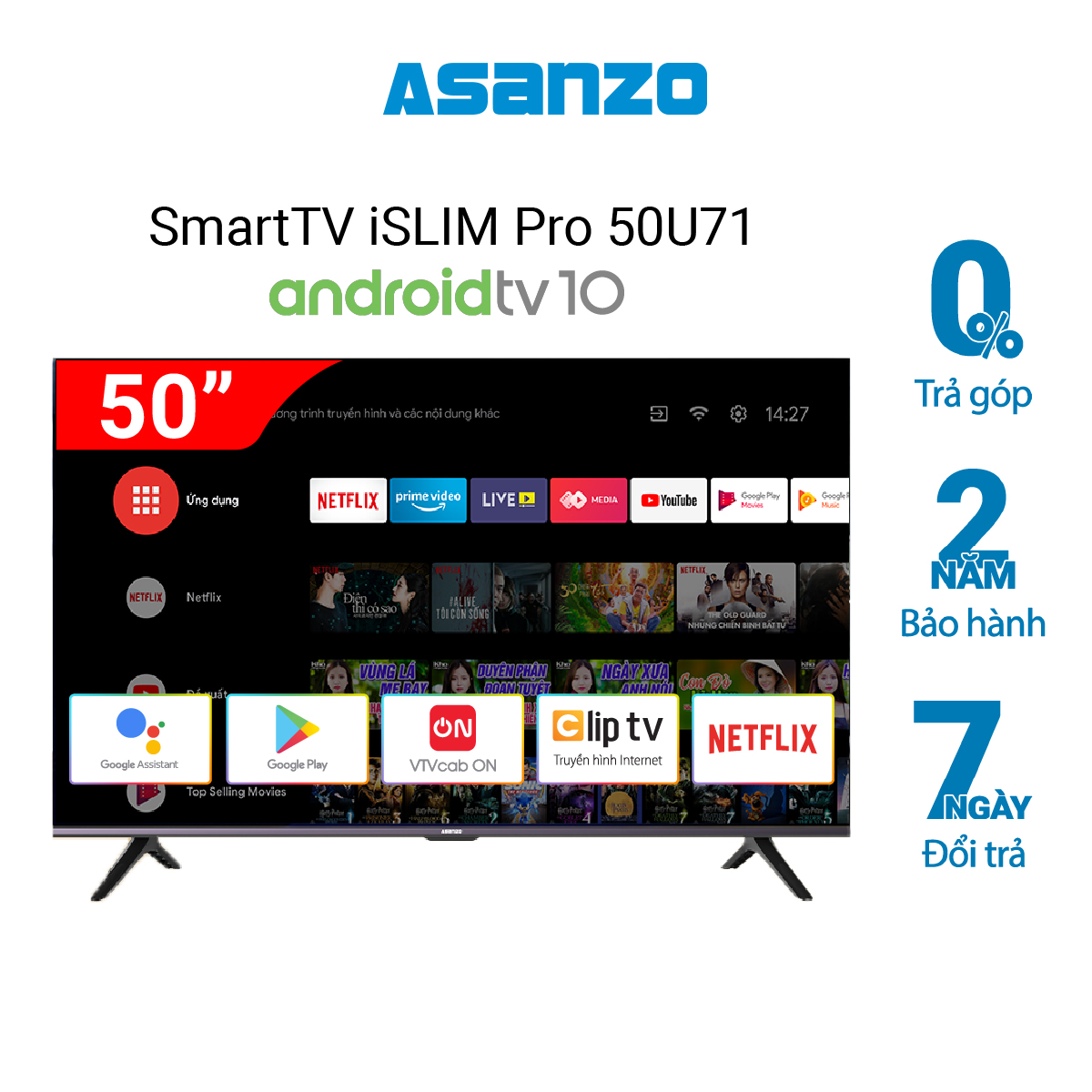 Smart Tivi 4K UtraHD Asanzo iSLIM PRO 50U71 50 inch AndroidTV 10