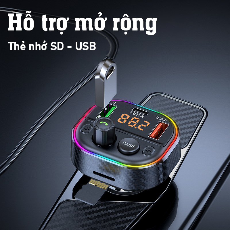 Tẩu sạc ô tô thu bluetooth Máy phát FM bầu không khí đầy màu sắc ánh sáng -D1624