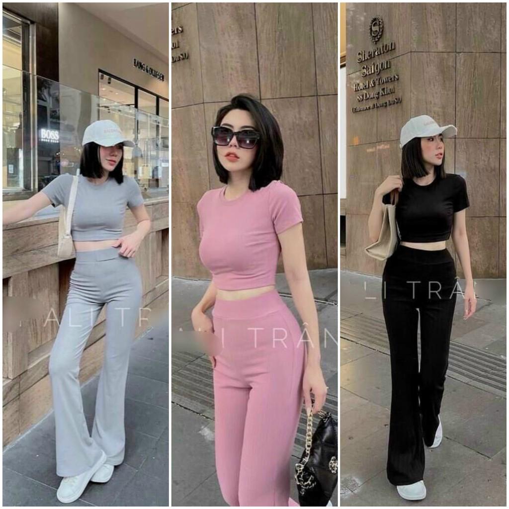 Sét bộ thể thao áo croptop và quần dài ôm ống loe siêu chất