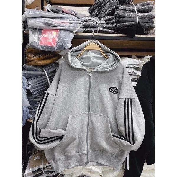 Áo khoác nỉ ngoại sọc thêu có nón unisex ulzzang nam nữ
