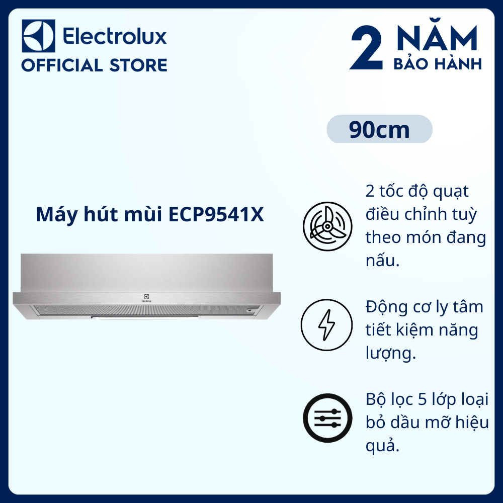 [Free Giao lắp] Máy hút mùi Electrolux ECP9541X dạng kéo 90cm - Bộ lọc 5 lớp loại bỏ dầu mỡ hiệu quả [Hàng chính hãng]