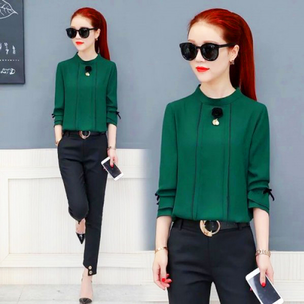 Áo Kiểu Viền Đen Tay Nơ Tầng - Kèm Hoa Cài Áo