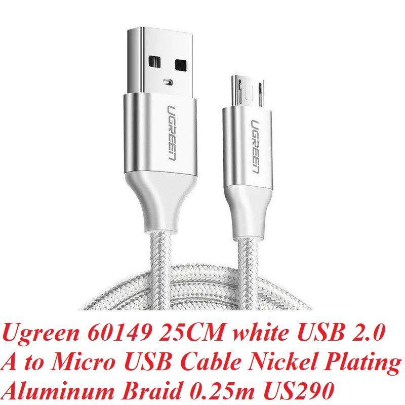 Ugreen UG60149US290TK 25cm QC3.0 màu trắng đầu bọc nhôm chống nhiễu cáp Micro sang USB 2.0 sạc và truyền dữ liệu từ máy tính ra điện thoại dài 0.25m - HÀNG CHÍNH HÃNG