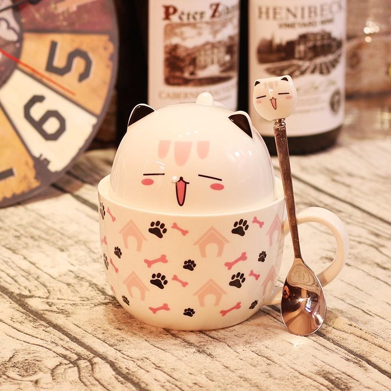 Ly Uống Nước Dễ Thương Hình Chú Mèo Có Tai Cute - Cốc Sứ 2 Công Dụng Có Nắp Và Thìa 400ml