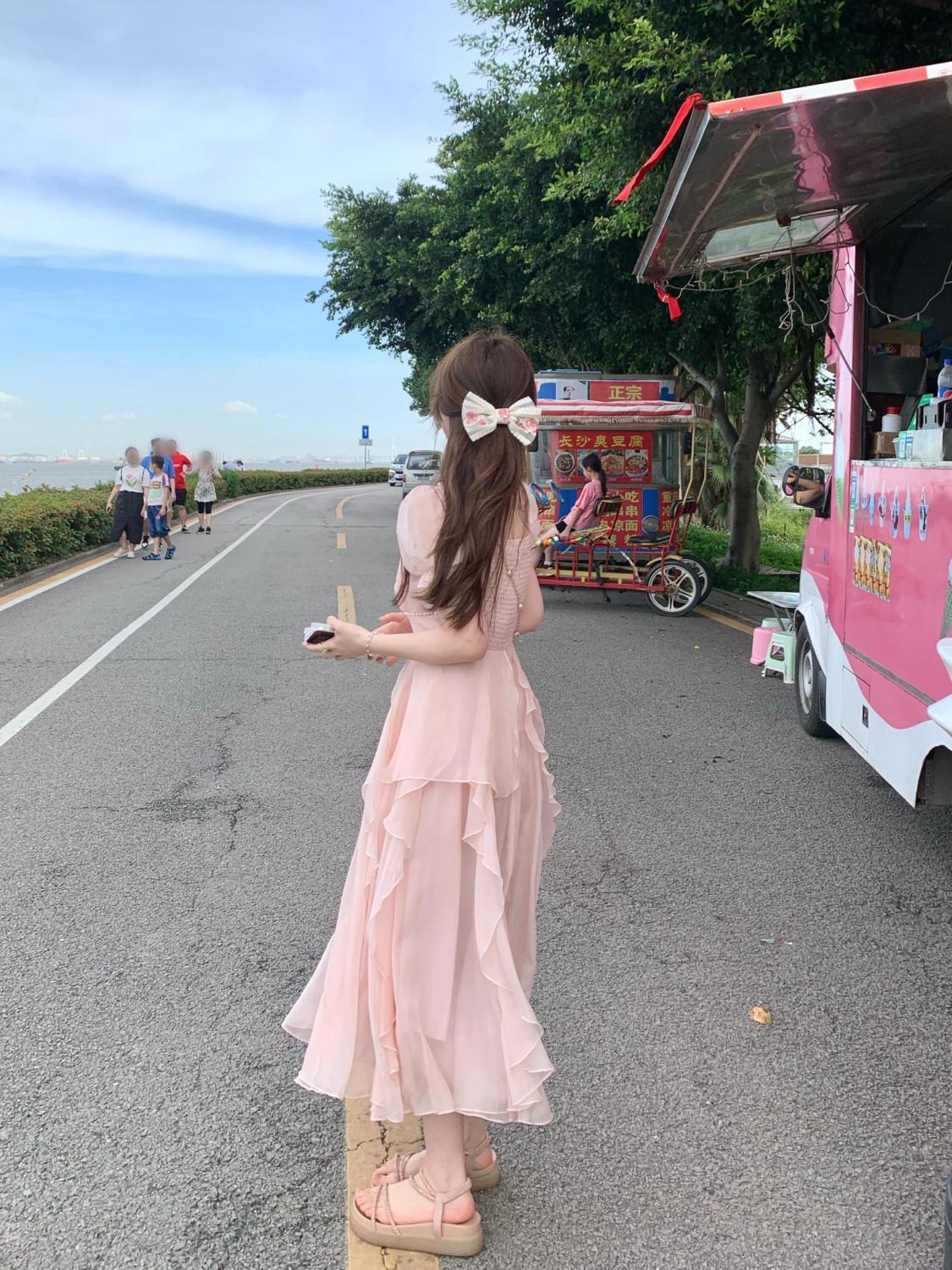 SHUANGYAN Phong cách Pháp cổ vuông nhẹ nhàng Fairy Wind Dress cho phụ nữ mùa hè 2023 Thắt lưng cho phụ nữ