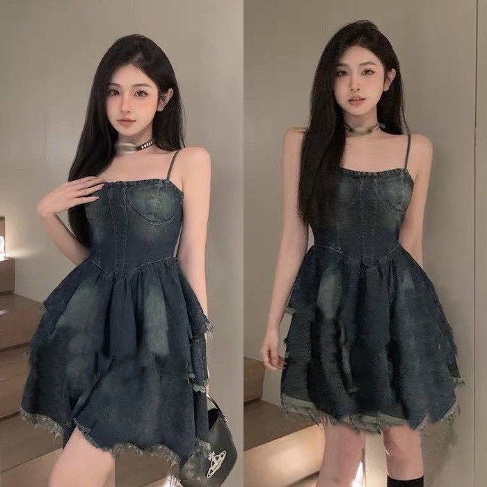 ĐẦM 2 DÂY XÒE NGẮN MIDI CỔ U SUÔNG JEANS VÁY XẾP LY TENNIS DENIM TUA RUA ĐI TIỆC ĐI CHƠI DẠO PHỐ ĐI BIỂN