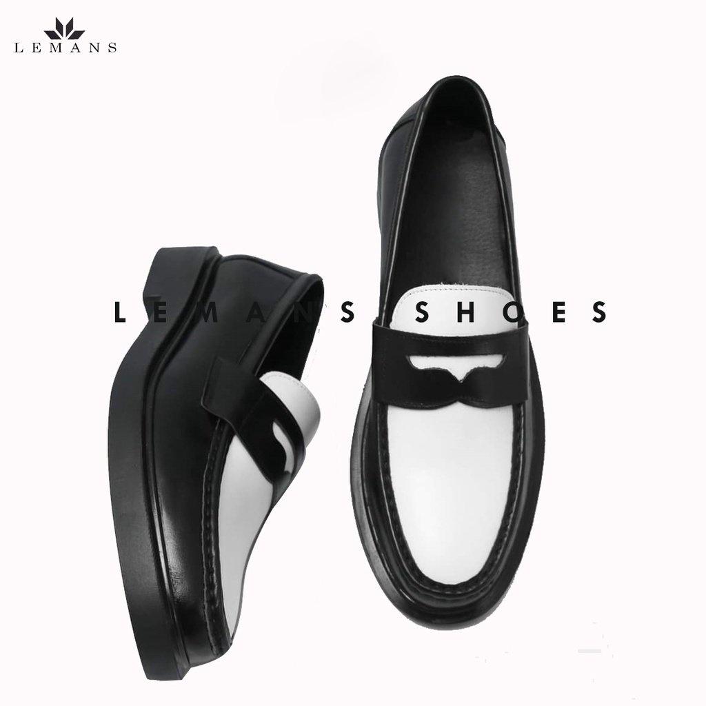 Giày da bò Penny Loafer Black White LEMANS, da bò thuộc nguyên tấm, tăng chiều cao 4cm, bảo hành 24 tháng