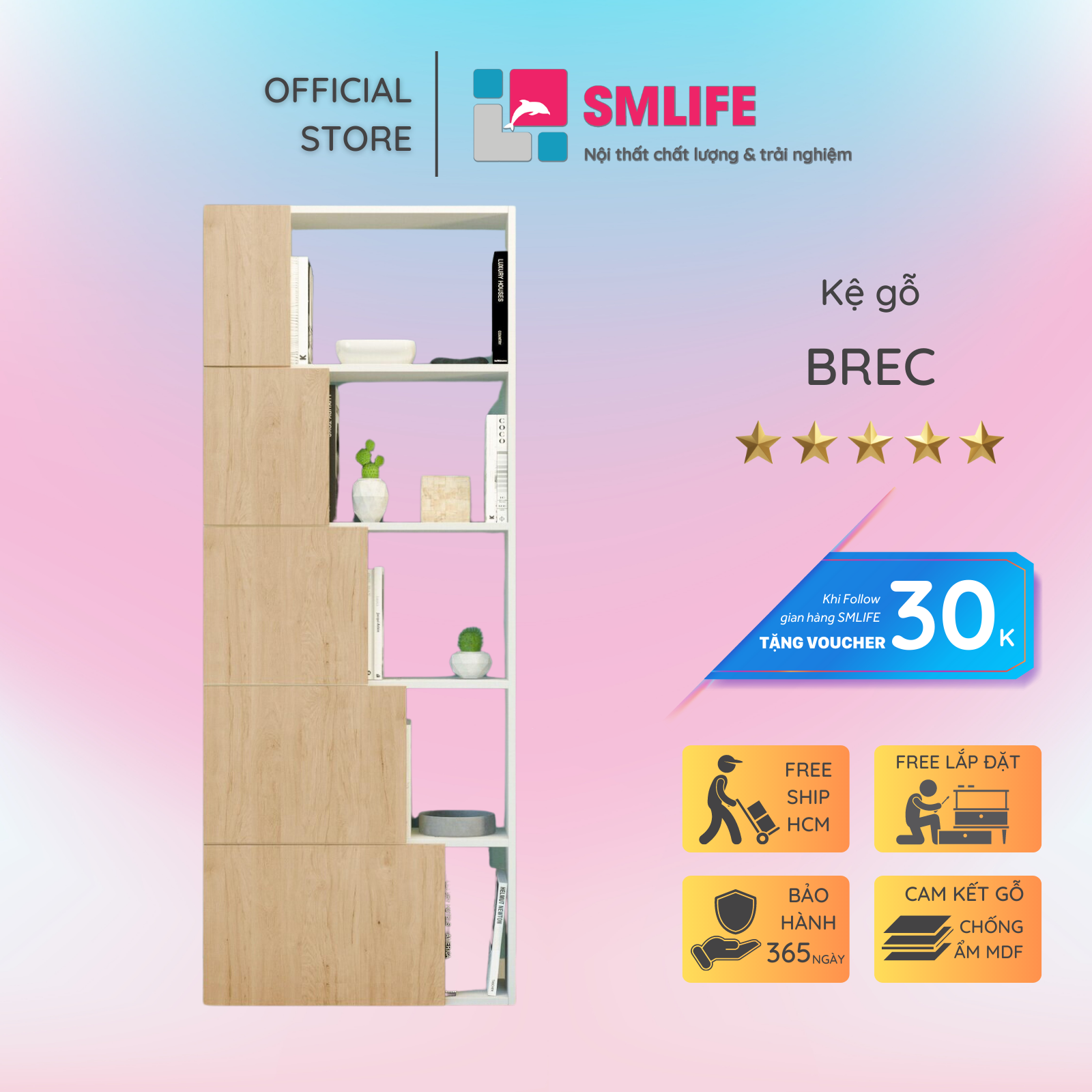 Tủ sách bằng gỗ thiết kế đơn giản SMLIFE Brec