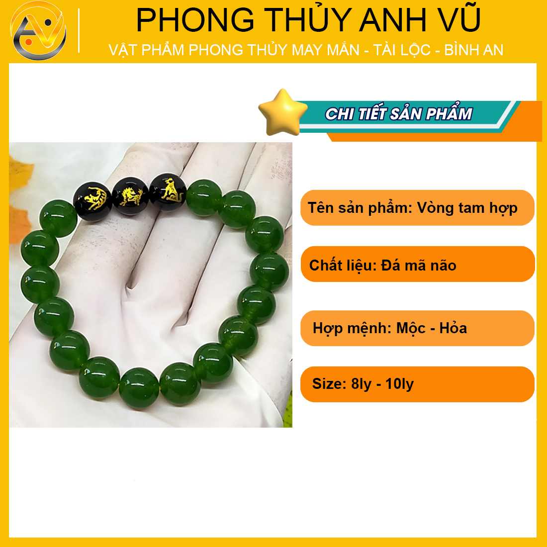 Vòng mã não xanh tự nhiên đã khai quang tam hợp dần ngọ tuất - size 8 10ly cho nữ - may mắn tài lộc - Vòng Tam Hợp Anh Vũ