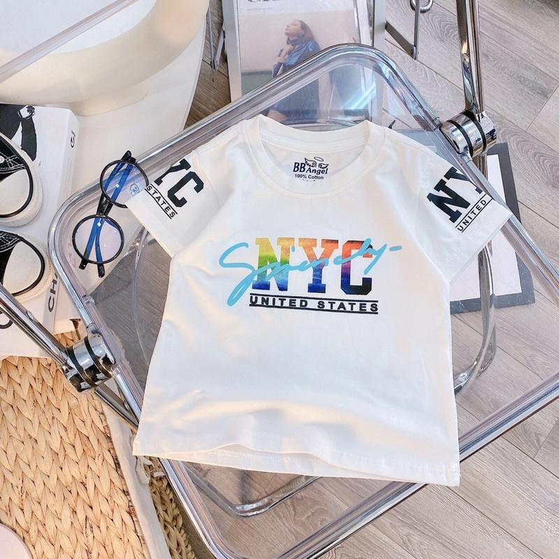 Áo cộc tay cotton bé trai in NYC cao cấp với bốn màu đỏ. trắng. xanh. vàng sz 10-22kg