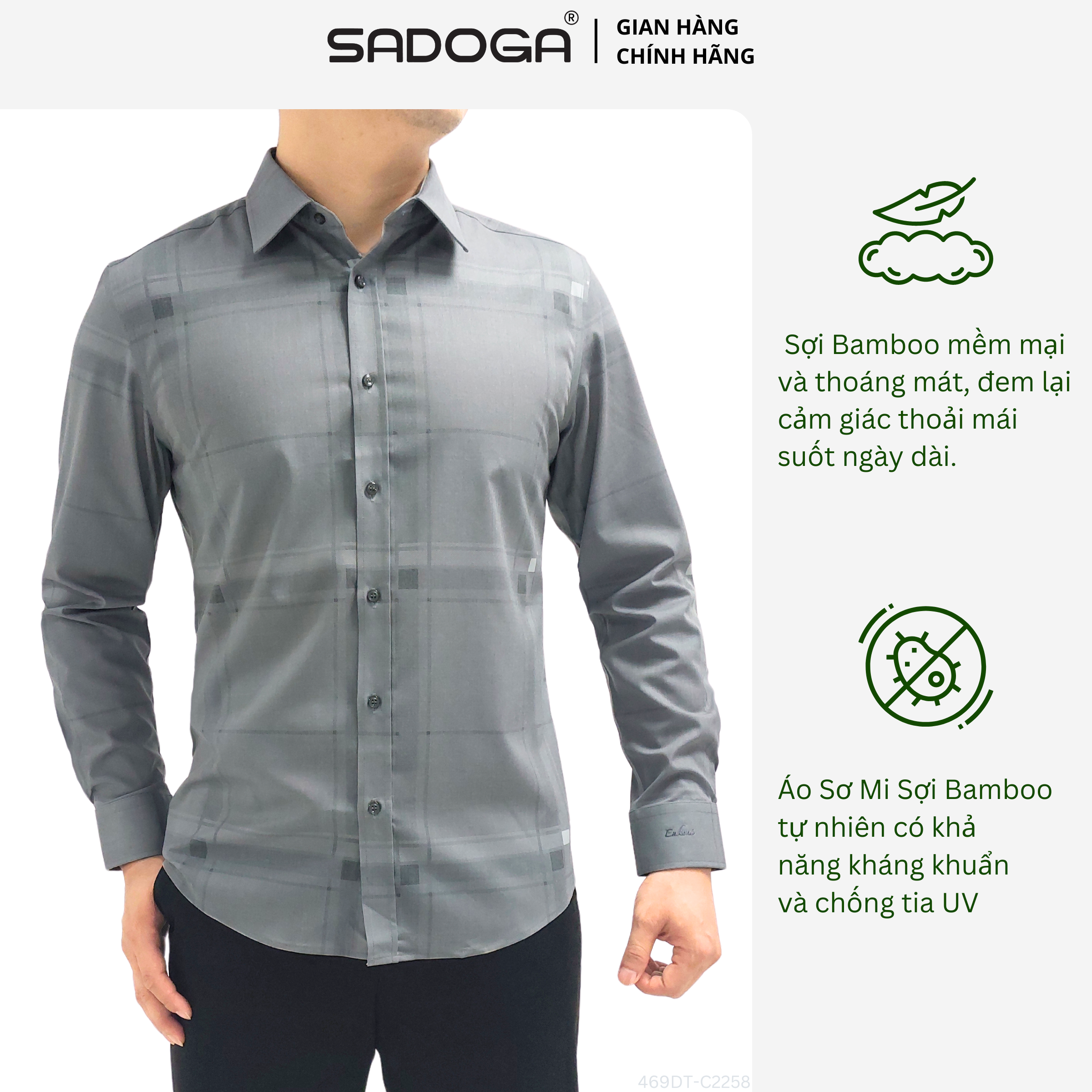 Áo Sơ Mi Nam Sadoga Kẻ Caro Bambo, Chất Vải Thoáng Khí, Mềm Mịn C2258