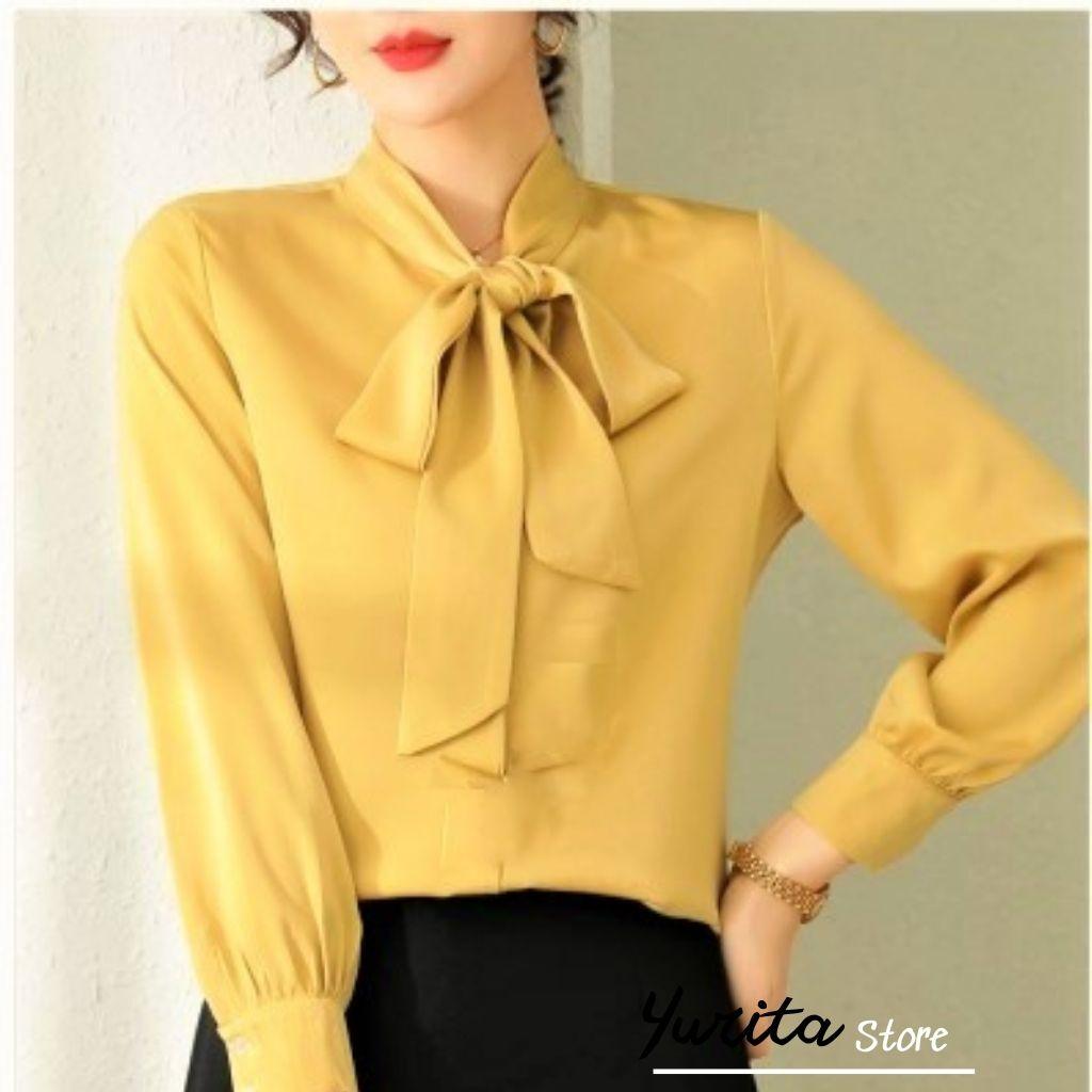 Áo Sơ Mi Kiểu Công Sở Đẹp YURITA Tay Dài Cổ Thắt Nơ Vàng Chất Lụa Cao Cấp From Rộng Hàn Quốc Ulzzang Vintage A1V