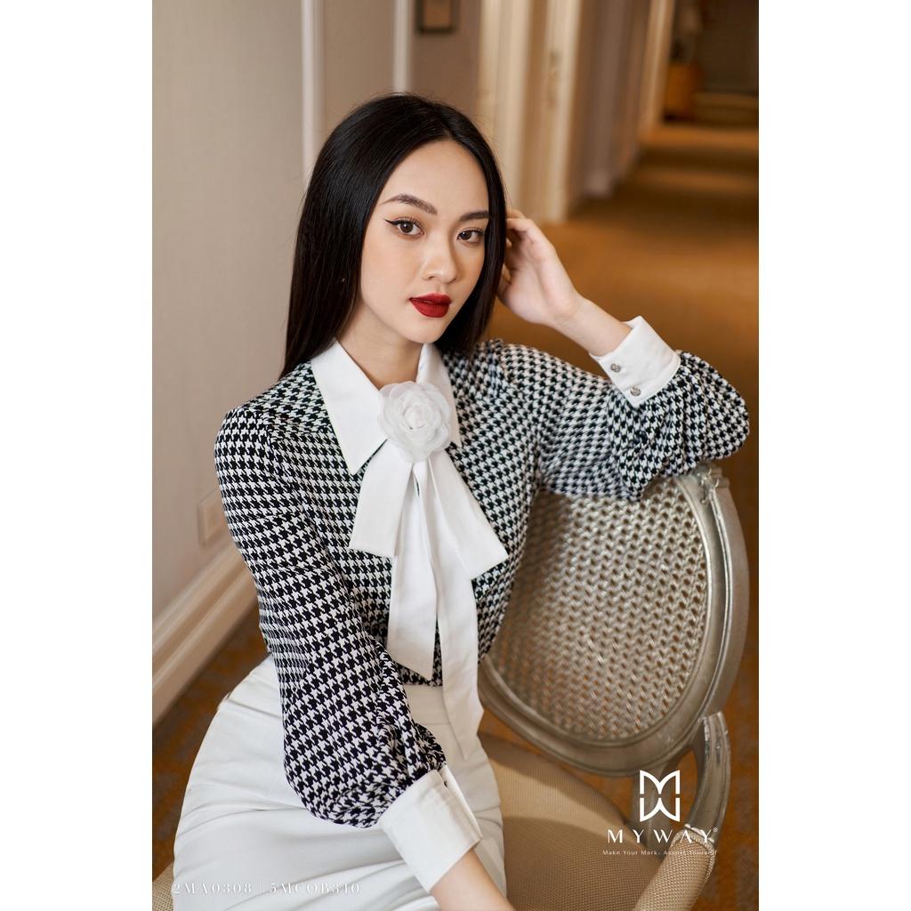 Áo Sơ Mi Nữ Công Sở MY WAY Dài Tay Cổ Nơ Họa Tiết Kẻ Sang Trọng 2MA0308