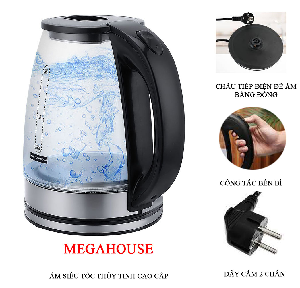 Ấm siêu tốc thủy tinh cao cấp MEGA HOUSE MG-168 1.8L (hàng chính hãng)