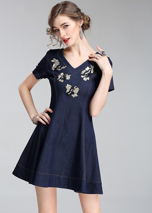 Đầm Jean Nữ Ngắn Tay Hoa Thêu