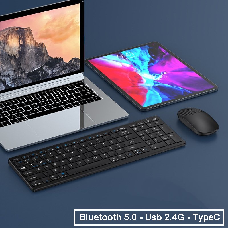 Bộ Bàn phím chuột không dây W619C - pin sạc TypeC - kết nối bluetooth 5.0 + 3.0 + Usb wireless 2.4g hàng nhập khẩu