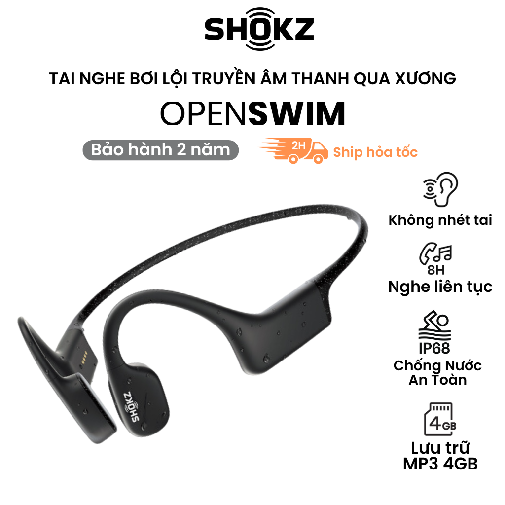 Tai Nghe Thể Thao Bơi Lội SHOKZ OPENSWIM - Truyền âm thanh qua xương Chống nước IP68 - Dung lượng lưu trữ 4GB cho 1200 bài hát - Hàng Chính Hãng