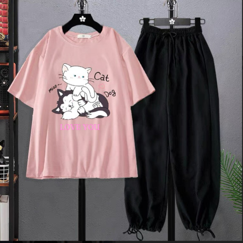 Sét Bộ Quần Áo, SS26 Sét Đồ Nữ Đi Chơi Đẹp In Hình Cún Và Mèo