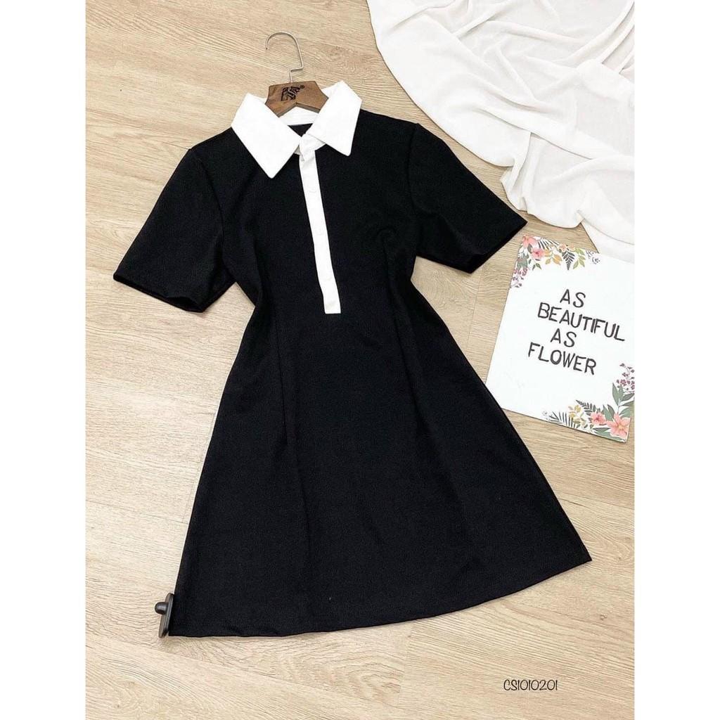 Đầm thun đen cổ bẻ trắng chất liệu thun cotton co giãn