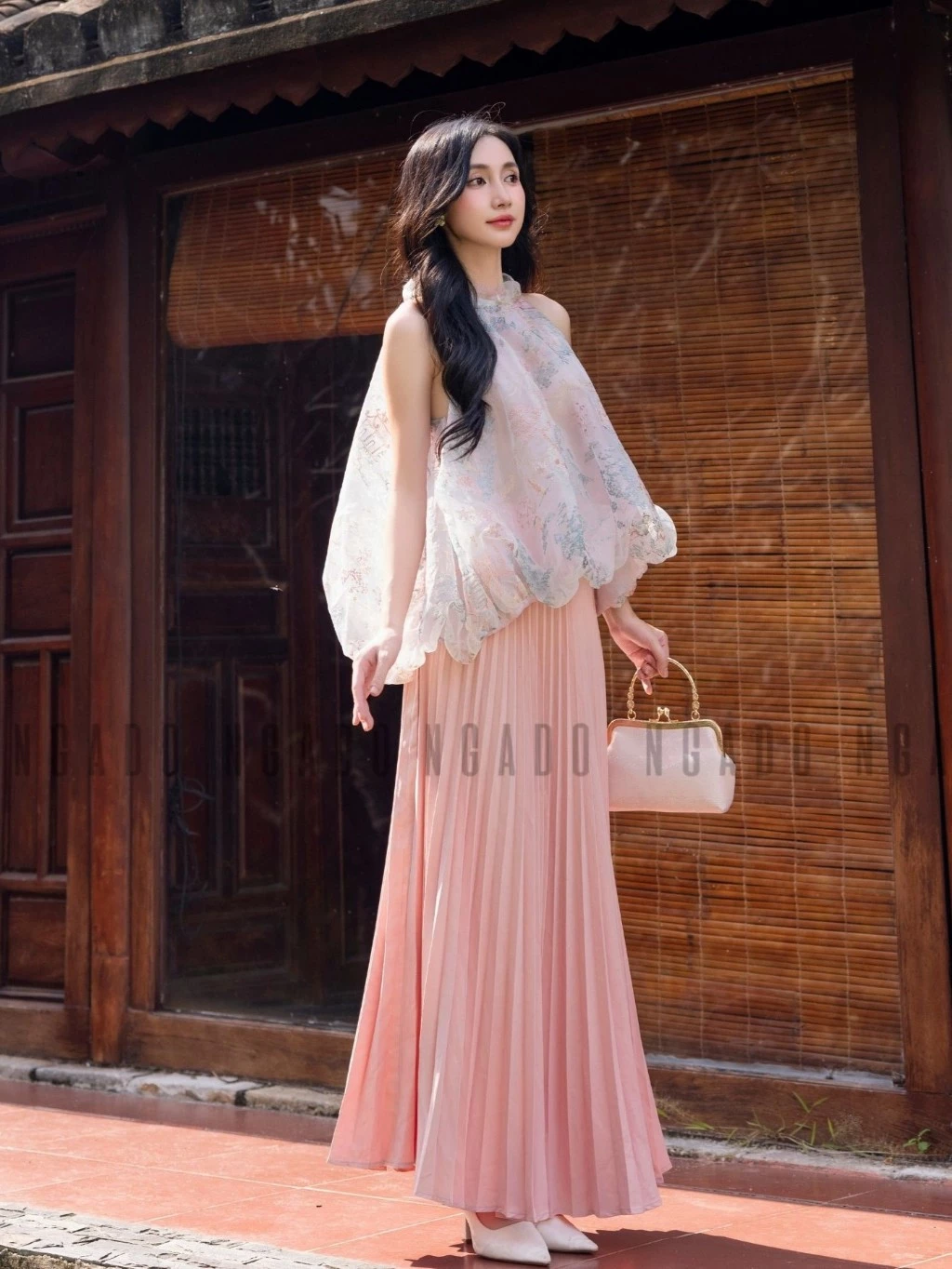 Chân váy dập ly hồng NGADO , chân váy xòe dáng dài