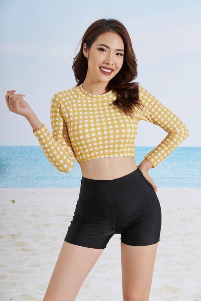 Đồ bơi nữ Bikini 2 mảnh croptop họa tiết kẻ sọc tay dài quần đùi thun lạnh co dãn 4 chiều DBN004