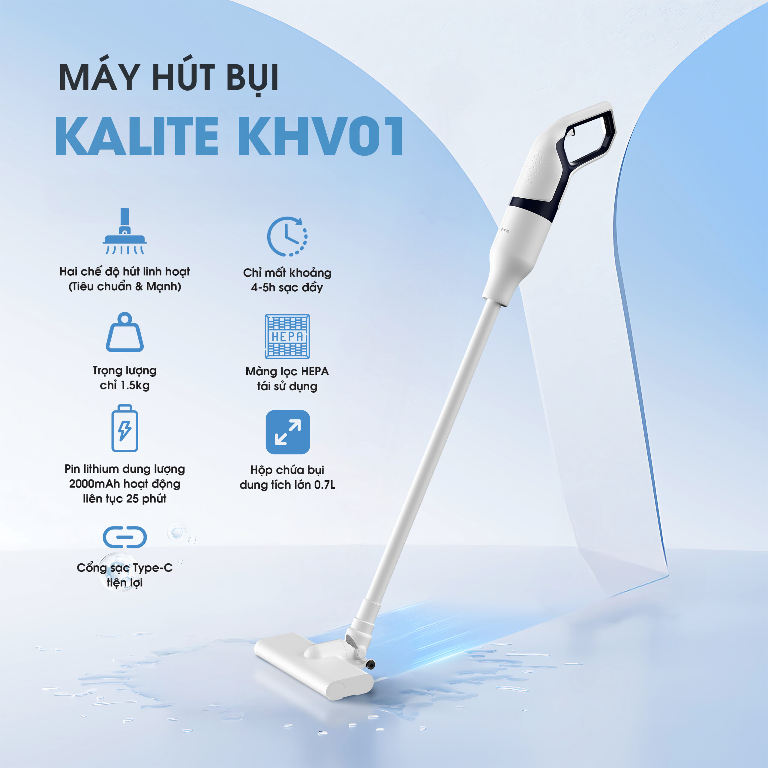Máy Hút Bụi Cầm Tay Đa Năng Không Dây KALITE KHV01 Bộ Lọc Hepa Pin 2000mAh Dung Tích 0.7L - Hàng Chính Hãng