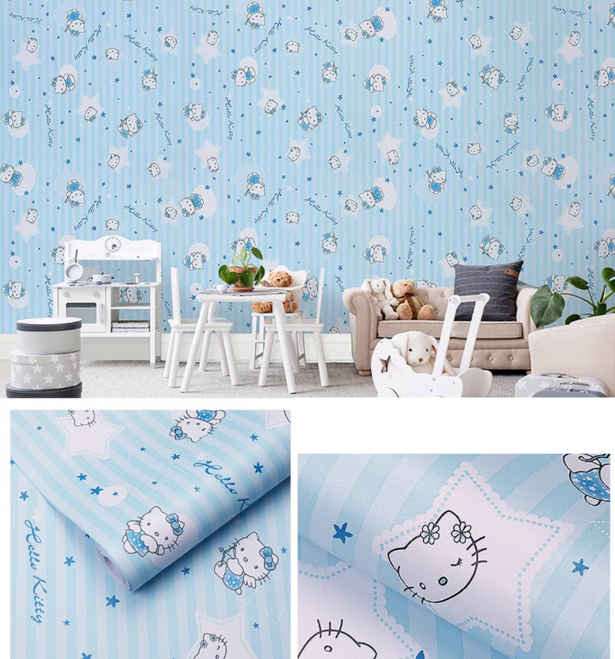 Combo 10 mét giấy dán tường, decal dán tường trang trí nhà cửa KITTY XANH SỌC khổ 45cm
