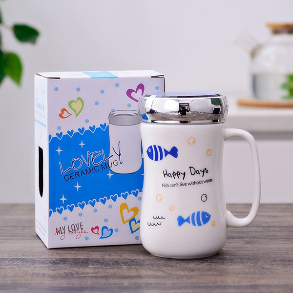 Ly sứ giữ nhiệt happy days Nắp tráng gương