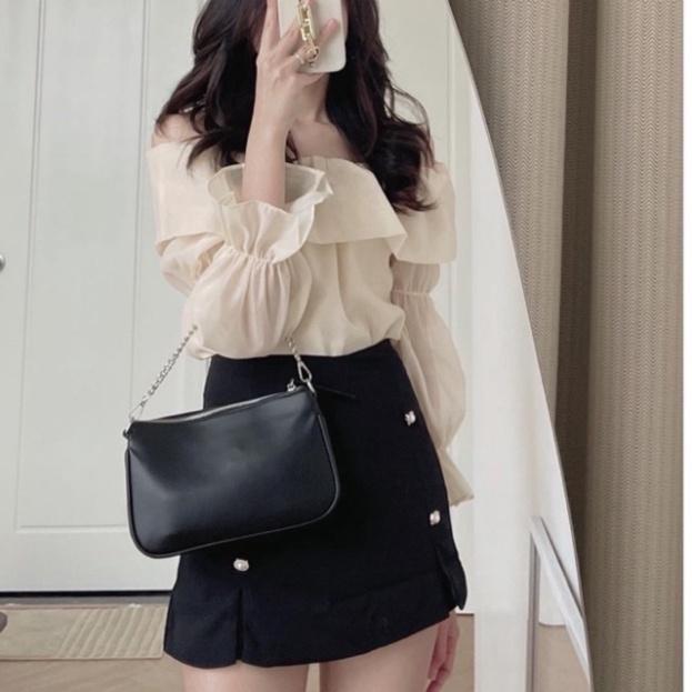 Áo sơ mi trễ vai 2 lớp hàng mới_001 babydoll bánh bèo mầu trắng