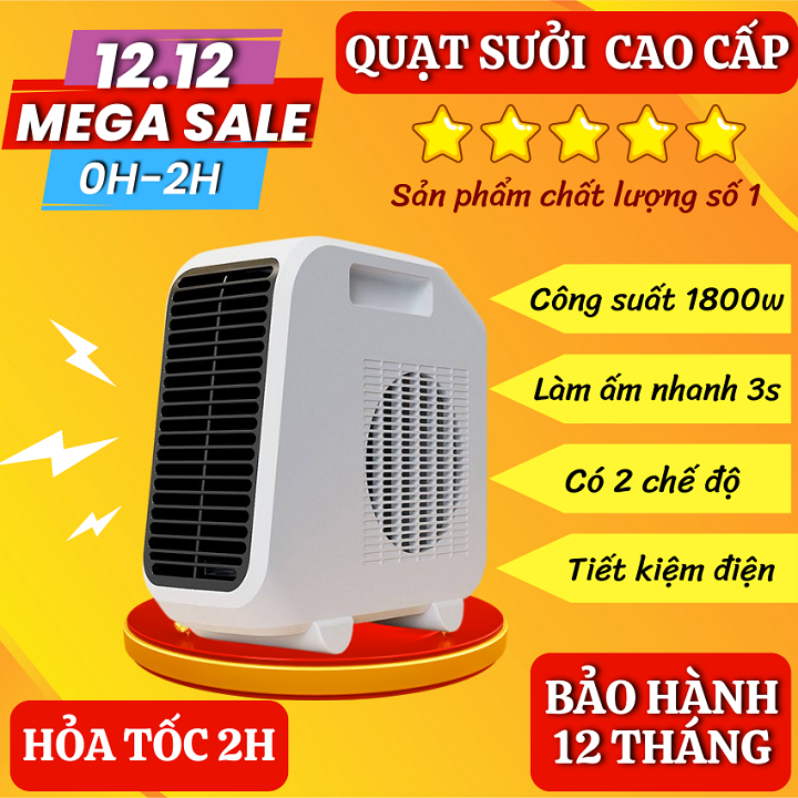 Quạt sưởi ấm mùa đông, máy sưởi ấm phòng ngủ, Quạt sưởi gốm mini cho bé để bàn công suất 1800w không đốt oxi, không phát sáng, làm nóng nhanh, tự ngắt an toàn