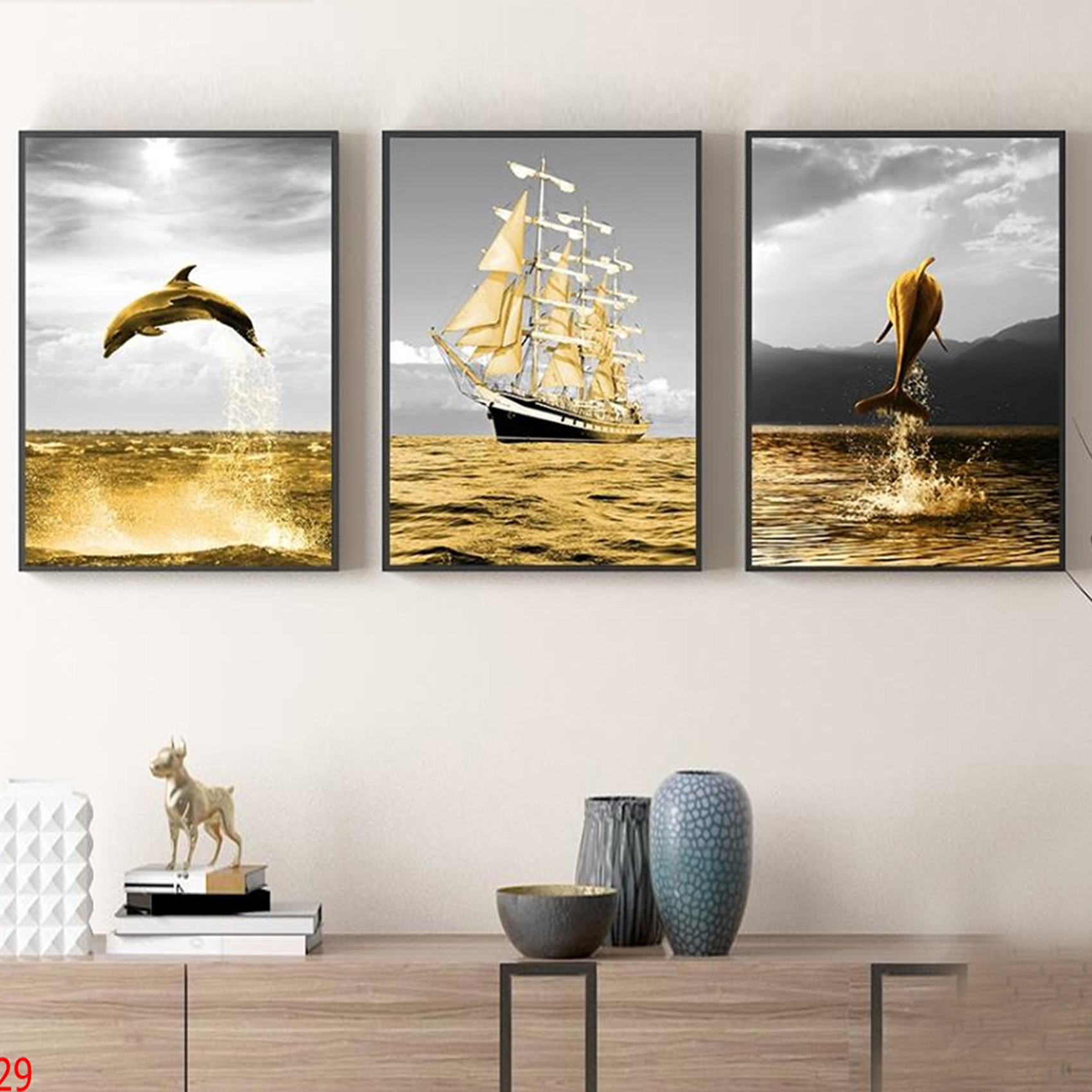Tranh Canvas Treo Tường Hiện Đại _ Tranh Bộ 3 Cá Voi Và Thuyền Trên Đại Dương