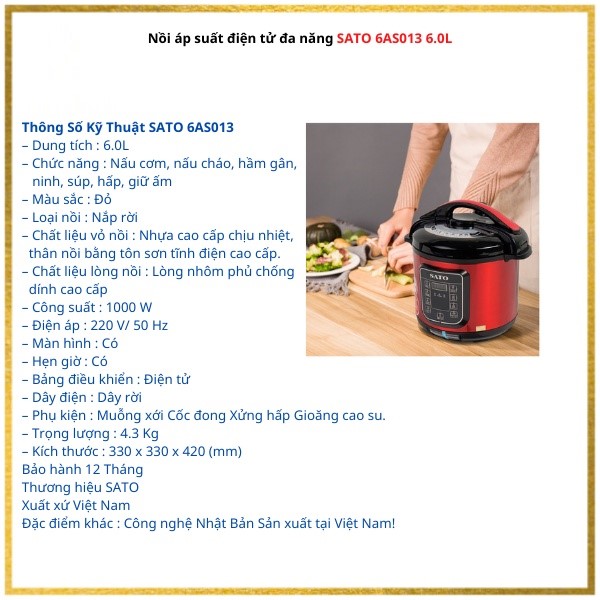 Nồi áp suất nồi hầm điện tử đa năng SATO 6AS013 dung tích 6L công suất 1000W - Hàng chính hãng Sato