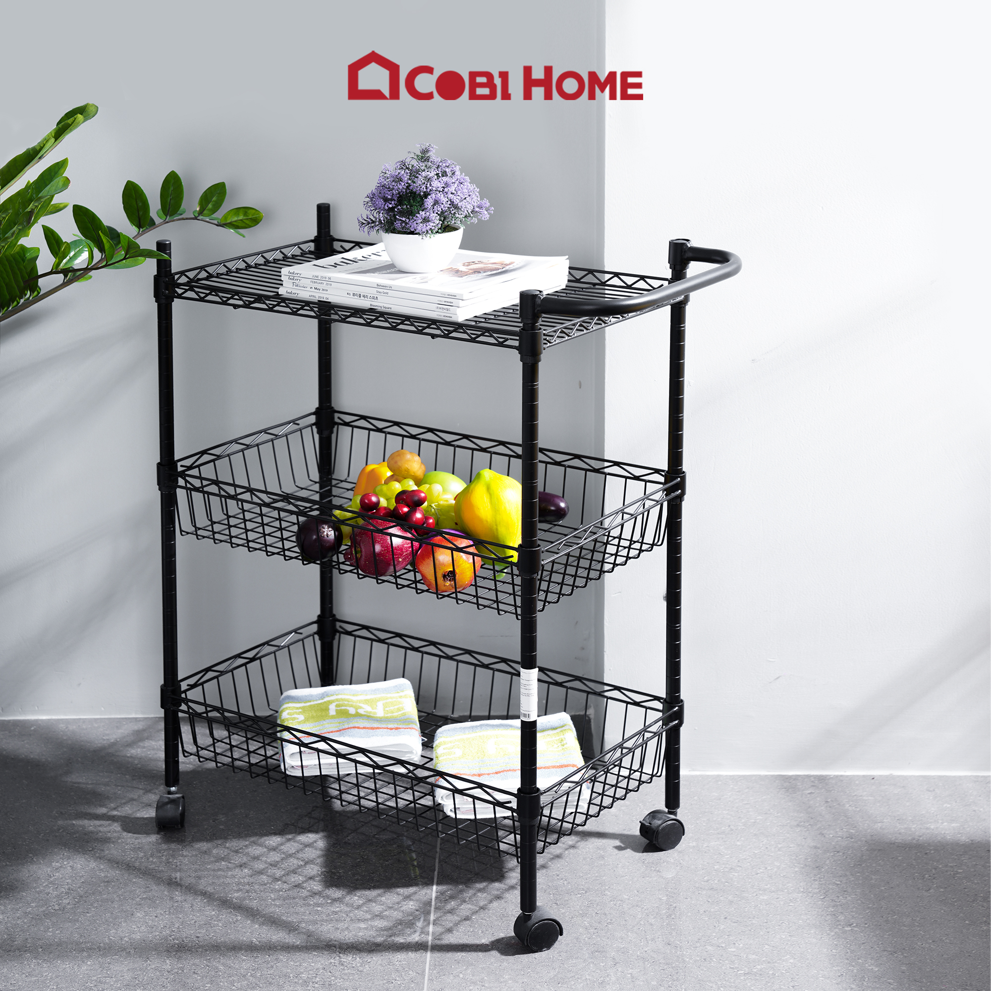 Kệ thép đa năng carbon có bánh xe đẩy 3 tầng dùng trong nhà bếp – màu đen – CJ-B1020B