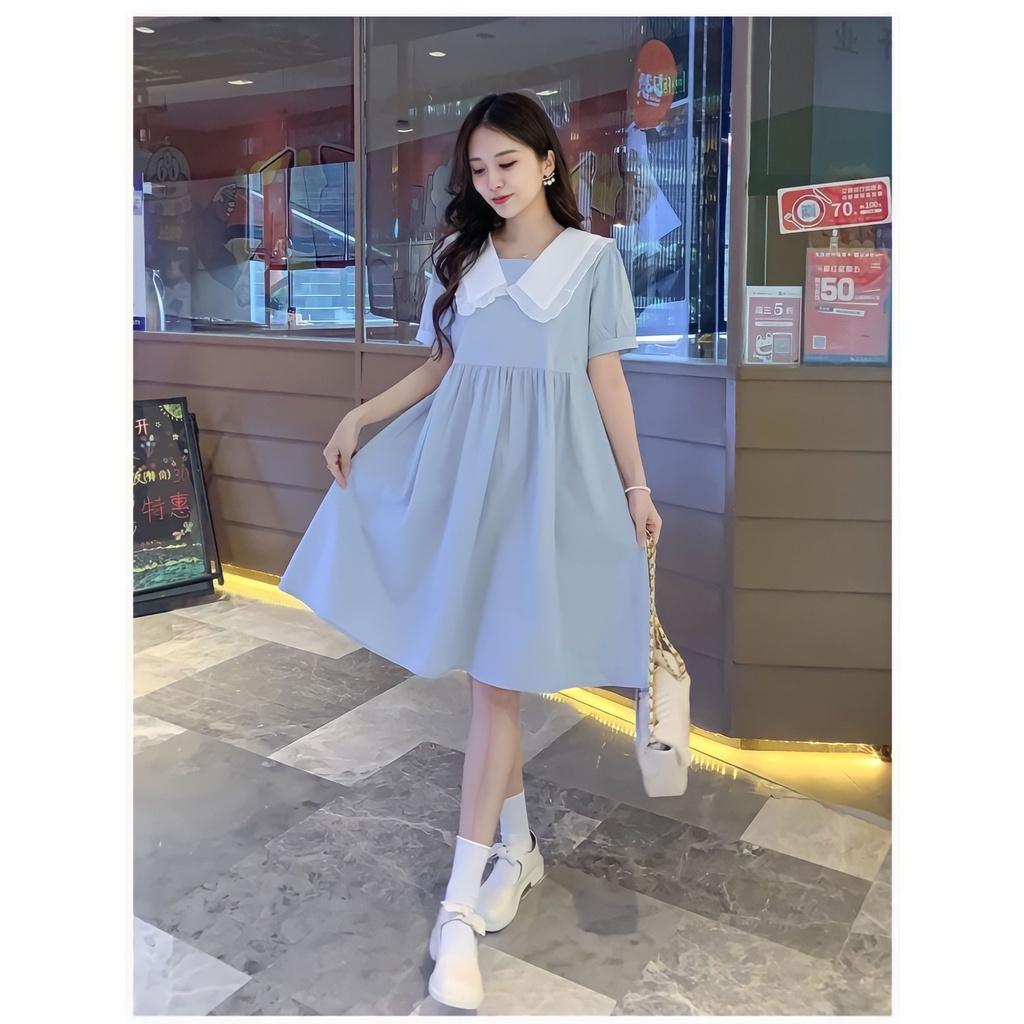 Đầm Nữ Tiểu Thư Xanh Mint Cổ Cổ Sen Phối Màu Cộc Tay Dáng Lỡ