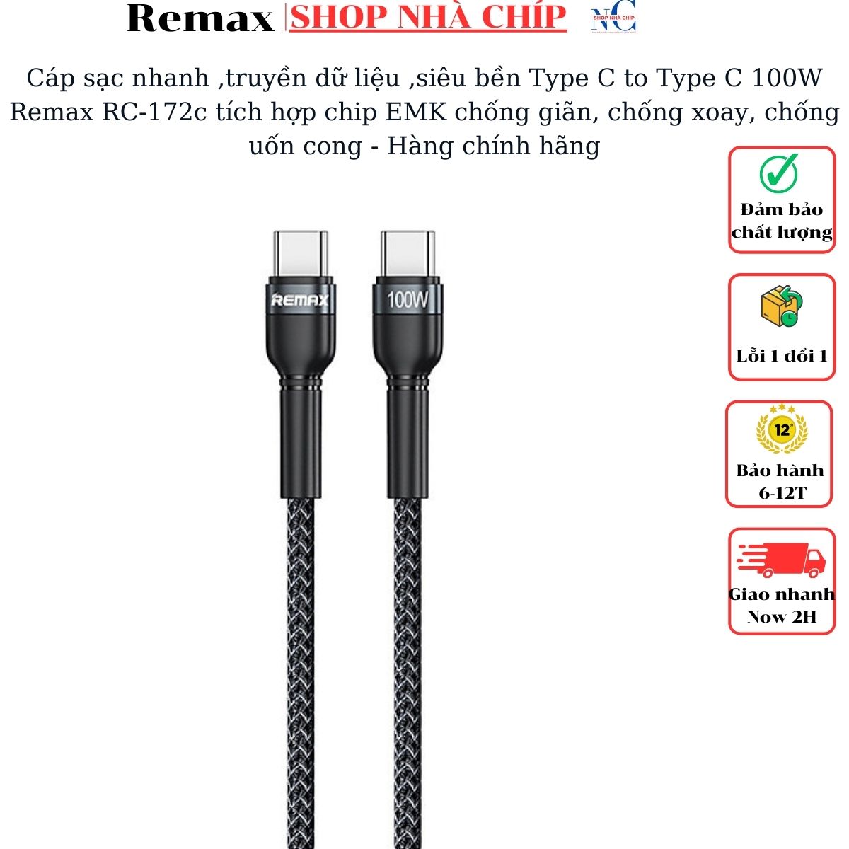 Cáp sạc nhanh ,truyền dữ liệu ,siêu bền Type C to Type C 100W Remax RC-172c tích hợp chip EMK chống giãn, chống xoay, chống uốn cong - Hàng chính hãng