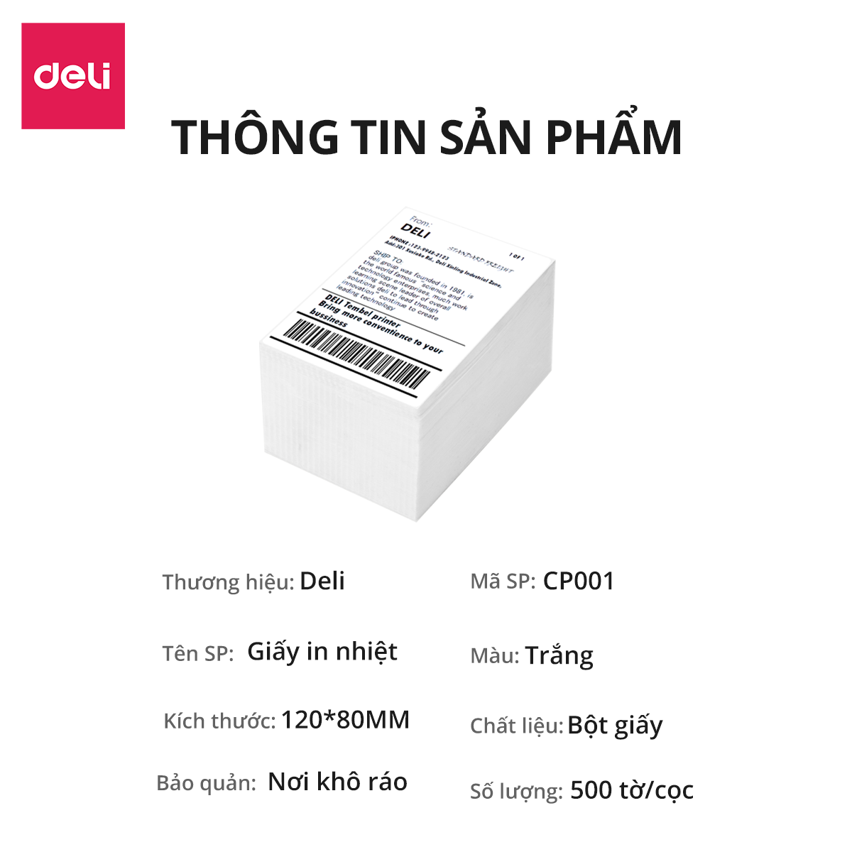 Giấy Decal Nhiệt In Nhãn Minicode Đơn Hàng TMĐT Deli - Tệp 500 Tờ 12x8cm - Dùng Cho Bill, Mã Vạch, Hóa Đơn, Livestream, Kinh Doanh Online - Không Phai Mực - Hàng Chính Hãng - CP001