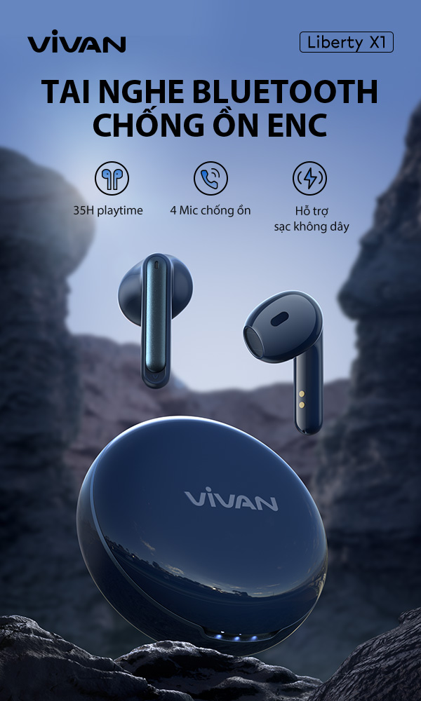 Tai Nghe Bluetooth TWS Airbuds VIVAN Liberty X1 Chống Ồn ENC Hỗ Trợ Sạc Không Dây 4 Mic Chống Ồn - HÀNG CHÍNH HÃNG